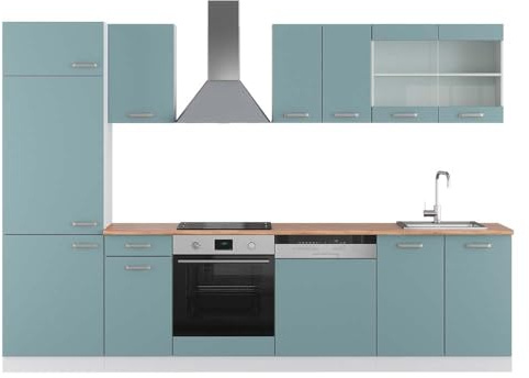 Vicco Küchenzeile R-Line, Blau-Grau/Weiß, 300 cm | 8 Module · Höhenverstellbare Füße · Arbeitsplatte Eiche · Robuste Fronten · Mit Kühlschrankumbauschrank · Frei kombinierbar