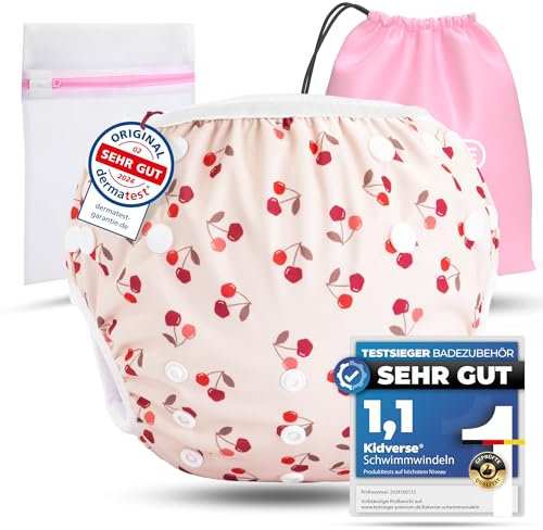 KIDVERSE Schwimmwindel Baby Badehose 0-3 Jahre - Hautfreundliche Schwimmwindeln wiederverwendbar & saugstark - Größenverstellbare Badewindel Baby Schwimmhose Tragetasche & Wäschenetz (Cherries)
