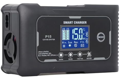 Bewinner Autobatterie Ladegerät 12V 15A / 24V 10A, Automatisches Tragbares Batterieladegerät für Motorrad-LKW-Rasenmäher 100-240V (EU-Stecker)