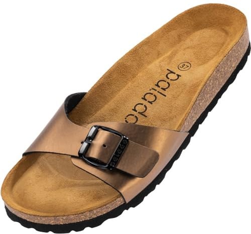 Palado Pantoletten Damen Malta Metallic – Sandalen Made in Spain - elegante Hausschuhe mit Kork-Fußbett - modische Sommerschuhe Bronze UK7 - EU40