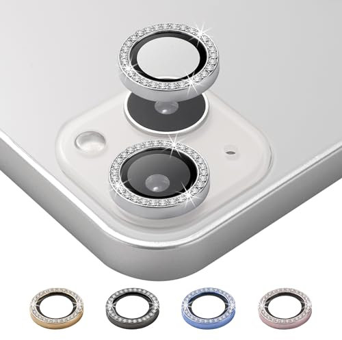 BISLINKS Bling Diamond Camera Lens Ring Cover Protector Tempered Glass Silver Compatible With iPhone 15