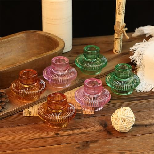 FLCSIed Lot de 6 bougeoirs en verre de couleurs mélangées, empilables pour centre de table, Thanksgiving et Noël
