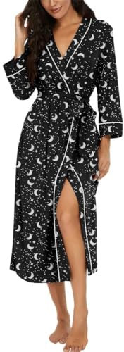 PrinStory Women Dressing Gowns Causal Kimono Robes Long Bathrobe Soft Womens 3/4 Sleeve Ladies Loungewear (Black Star Moon, M)