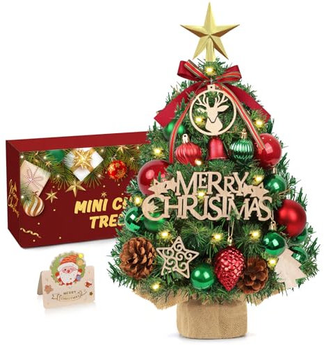 Mini Weihnachtsbaum mit Beleuchtung,45cm Kleiner Weihnachtsbaum mit LED,Plastik Künstlicher Weihnachtsbäume Klein Geschmückt Set,Klein Tannenbaum Künstlich für Tischdeko Weihnachten(Rot Grün)