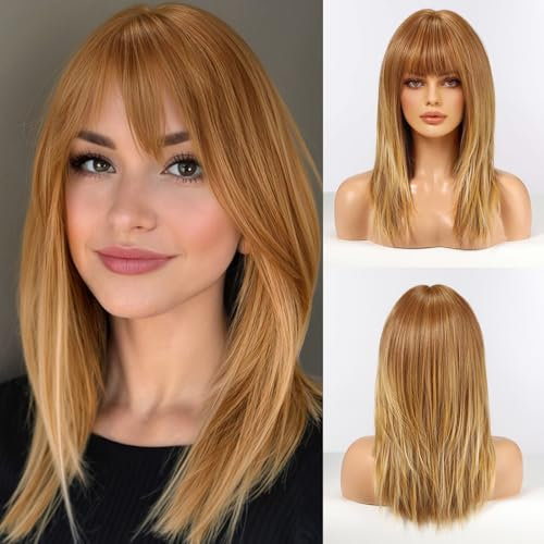HAIRCUBE Damen Perücke Gerade Perücken für Dame Schulterlang Erdbeerblond Perücke Synthetische Perücken mit Bangs Täglich Cosplay