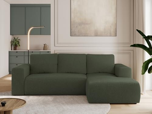 MKS MEBLE Sofa mit Schlaffunktion - Ecksofa mit Schlaffunktion und Bettkasten - Sofa 3 Sitzer - Schlafsofa - Couch - Schlafsofa mit Bettkasten - Trentino L - Grün Boucle - Rechts