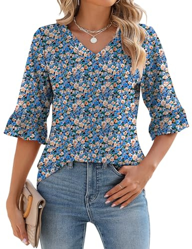 IECCP Womens Tops Summer V Neck Tunic 3/4 Length Sleeve Dressy Casual Ruffle Sleeve Blouses Floral Printed 2025 Fashion T-Shirts Floral Blue M