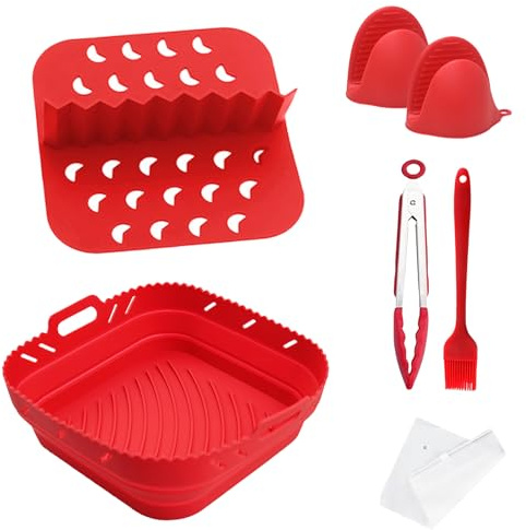 Silicone Air Fryer Liner with Divider, 6PCS Set Reusable Air Fryer Accessories with Silicone Mitts Tongs and Brush for Dual Air Fryers Microwave Oven