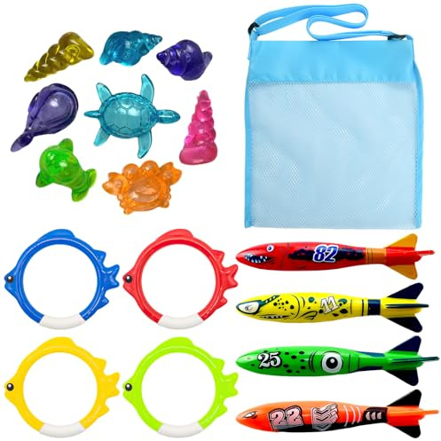 17 Pièces Jouet de Piscine pour Enfant, Kit de Jouet de Plongée Piscine avec Torpille Anneaux de Plongée Pierres Précieuses, Jouets de Natation Sous-Marine pour 5 à 12 Ans Garçons Filles (A)