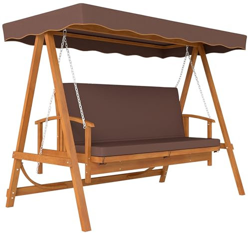 Outsunny 2 in 1 Hollywoodschaukel mit Liegefunktion, 3-Sitzer Gartenschaukel aus Holz, Holzschaukel mit Sonnendach Sitzauflage, Schaukelbank bis 330kg, für Garten, Terrasse, 236x130x181 cm, Braun