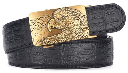 AGUTALITHIC Herren/Damen Gürtel Mit Ratschen Prägung Krokodilmuster Automatikschließe Mit Adlerkopf Schwarzer Lederriemen Für Elegante Jeans(105cm/41, Gold)