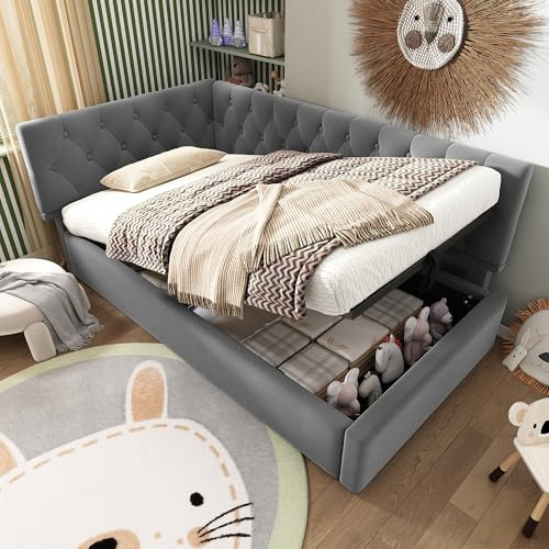 Dolamaní Boxspringbett Eckbett 90x200 cm, Polsterbett Bett mit hydraulischem Stauraum, Bettgestell mit Lattenrost aus Holz, Einzelbett Samt (Grau)