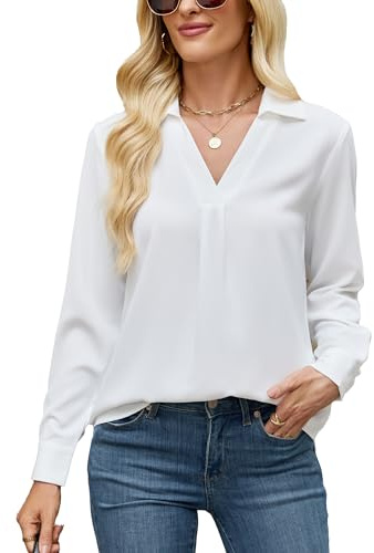 SPRING SEAON Womens Blouse V Neck Chiffon Long Sleeve Dressy Casual Shirt Elegant Pleated Work Office Top for Women UK White