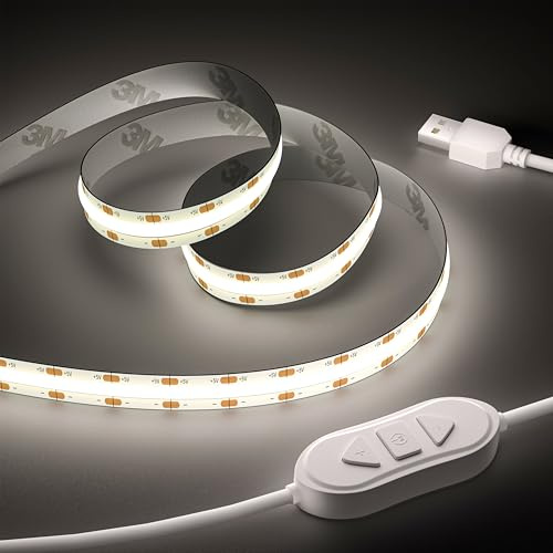 OULARA USB COB LED Strip, 5V Dimmable LED Lights 3M Density Daylight White 6000K Tape Flexible Cuttable LED Strip for TV Backlight, 3D Printer, RV, Sewing Machine, Bedroom, Mirror