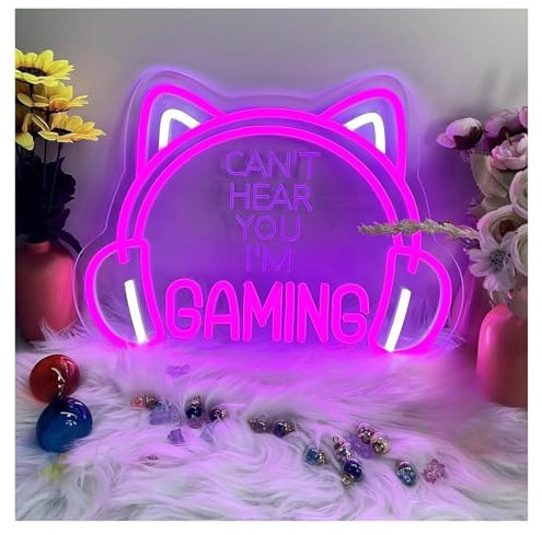 HUANTY Neon Sign Party Decoration Cat Headphone Neon Sign Can't Hear You I'm Gaming LED Light USB Powered For Bedroom Living Room Game Room Atmosphere Decor 39.5cmx29cm