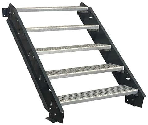 SRM Design 5 Stufen Stahltreppe Stufenbreite 100 cm Anthrazit | Geschosshöhe 70 - 105 cm ohne Geländer feuerverzinkt Wangentreppe Geschosstreppe stabile Industrietreppe Außenbereich