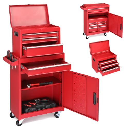 Karl home Rolling Tool Chest, 2-in-1 Large Capacity Toolbox, Red | Detachable Top Cabinet, 4 Drawers, Wheels, Hooks, Lockable Metal Tool Cabinet for Workshop, Warehouse, Garage
