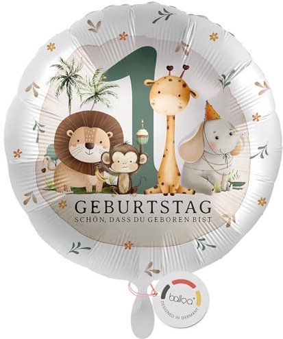 balloa Folienballon Safari Tiere, Geschenk zum 1. Geburtstag für Jungen oder Mädchen, Helium geeignet Rund mit Motiv Löwe Affe Giraffe Elefant, Kindergeburtstag Deko, Geburtstagsdekoration, 33cm