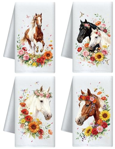 CUTHOLLOW 4er-Set Geschirrtücher mit Motiv Pferd und Blumen - Weich & Saugfähig - Deko Trockentuch Microfaser für Küche, Tee, Kaffee, Bar, Zuhause, Einweihung, Geburtstag