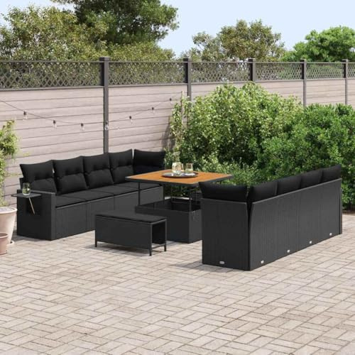Holamys Gartensofa-Set, 11-teilig, Schwarz, Poly Rattan, modular, mit Kissen, höhenverstellbarer Tisch, wetterfest für Terrasse, Balkon