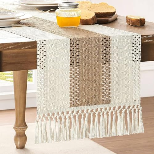 FOLAI Gemütliche Caramel Boho deko Makramee Tischläufer, Baumwollflachs mit Quasten Table Runner(30x120cm)für Küche, Vintage Bauernhaus, Böhmische Hochzeit & Tabletop Dekor