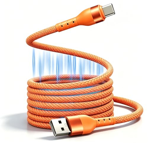 Magnetisches Ladekabel USB C für Auto & Schreibtisch, Elastisches USB A auf USB C Kabel 60W Schnellladekabel Verwicklungsfrei Kompatibel mit iPhone 17 16 Pro Max Samsung S24(1,5M, Orange)