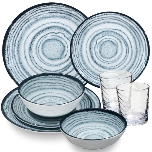 Vajilla de melamina azul pizarra 2 personas 8 piezas vaso 250 ml transparente