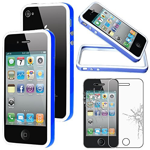 ebestStar - Bumper Cover Compatibile con iPhone 4, 4S Custodia Protezione Sottile Slim, Anti Shock Assorbimento Urti, Blu/Bianco + Vetro Temperato [Apparecchio: 115.2 x 58.6 x 9.3mm, 3.5'']