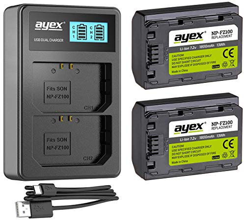ayex Lot de 2 batteries NP-FZ100 + chargeur USB double compatible avec Sony par exemple A7 III A7R III A7R IV A7S III A9 A9 II Alpha 1 FX3 ZV-E1 A6700