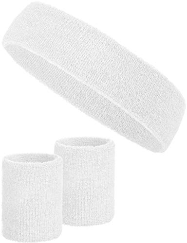 3-teiliges Schweißband-Set mit 2X Schweißbändern für die Handgelenke + 1x Stirnband für Damen & Herren (Weiß)