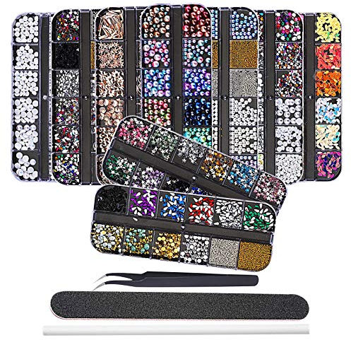 EBANKU Nail Art Strass Kit Multi Design Zubehör mit 1 Pinzetten 1 Stück Wachsstifte Deko Diamanten Kristalle Perlen Edelsteine Bunt Pferdeaugen Strass Metall Nieten für Nagel DIY (1 Stück 9er Pack)