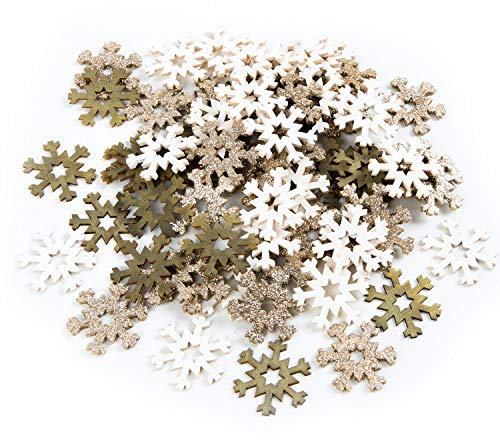 Logbuch-Verlag 70 Streuteile Tischdekoration Weihnachten weiß grün Gold Schneeflocken Sterne Bastelbedarf aus Holz 4 cm glitzernd