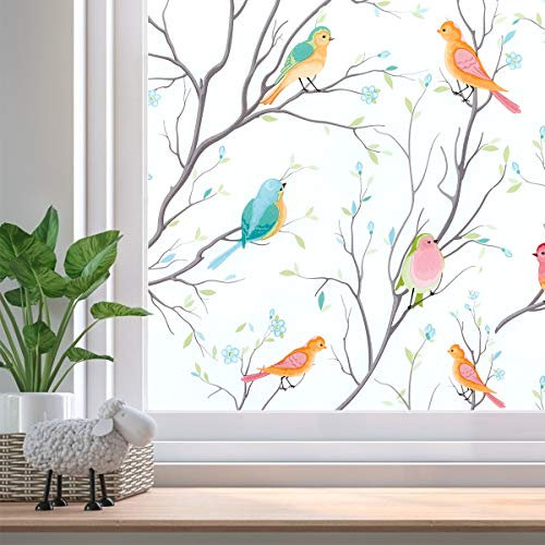 Beautysaid Privacy Window Film: Stained Glass Window Film, No-Glue Frosted Window Film, Static Cling Film, Birds Window Sticker for Home Bathroom (Stained, 45 x 200cm)
