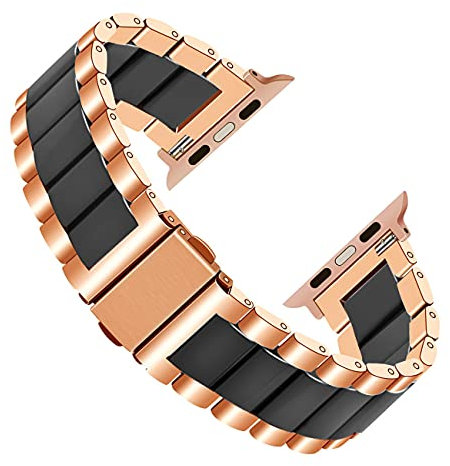 YISIWERA Rose Gold Stainless Steel Watch Band Black Ceramic Strap for Apple Watch 38mm 40mm 41mm iWatch 7 6 5 4 3 2 1 SE