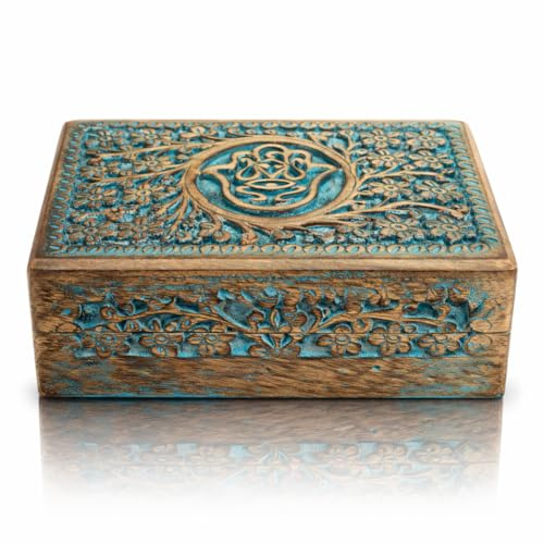 Tolles Geburtstagsgeschenke Handgemachte dekorative hölzerne Schmuckschatulle Hamsa Hand Carving Schmuck Organizer Aufbewahrungskasten Schatztruhe Schmuckstück Halter Schließkasten 20 x 12 cms (Blue)