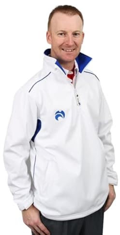 Henselite Mens Lawn Bowling Quarter Zip Fleece Jacket-Color White with Blue Trims Size XL