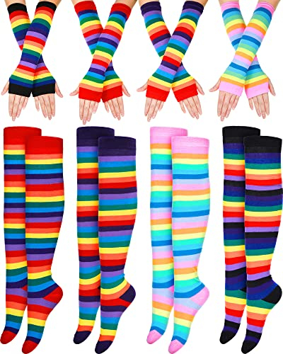 Chuarry 8 Pairs Women's Rainbow Thigh High Socks Fingerless Arm Warmer Set Long Striped High Socks Leg Warmers for Pride Fest(Mixed Color,Classic Style)