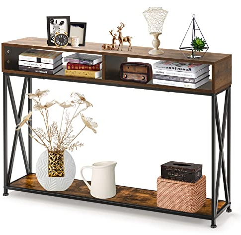 GIANTEX Mesa de Consola Industrial 3 Niveles, Mesa Estrecha Rectangular con 2 Cubos Abiertos y 1 Estante Inferior, Estructura de Metal, 120 x 23 x 79 cm, para Recibidor, Salón (Marrón)