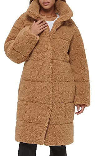 Levi's Women's Long Length Patchwork Quilted Teddy Coat, Chestnut, Large