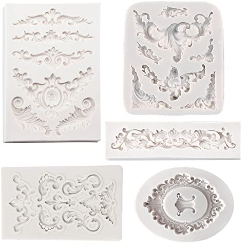 Zasvec Silikonform Barock 5 Stück Fondant Formen Silikon Relief Spitze Dekoration Gießform Barock-Stil Silikonfondant Kuchenform Klassik Motive für Cake Border Decoration Grau