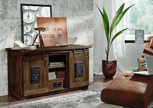MASSIVMOEBEL24.DE | Railway massives Sideboard - braun geölt | Mangoholz | 2 Türen - 1 Schublade | 128x45x70 | Used-Look | Kommode Tv-Sideboard Wohnzimmer-Schrank
