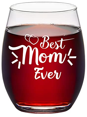 Joymaking Best Mom Ever Mothers Day Gifts, Best Mum Gifts for Christmas Birthday, New Mum Gifts for Women, Personalised Wine Glass Birthday Gifts for Mum from Son Daughter Husband, 15 Oz