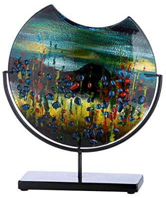 GILDE GLAS art Deko runde Vase auf schwarzem Metall Fuß - handbemalt mit Glaselementen - Kunstobjekt Mehrfarbig Höhe 37 cm