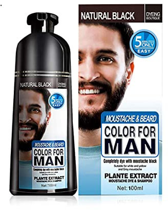 Tinte Negro para Barba y Bigote, Champú Instantáneo para Cabello Gris, Fácil Aplicación, Dura 30 Días, Ingredientes Naturales, Cuidado de la Barba (1 Unidad)