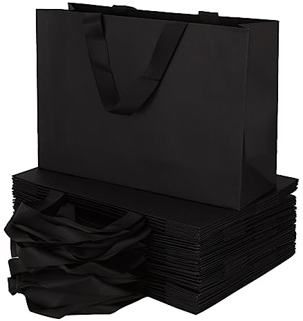 GOYADA 25 Stück Geschenktaschen Schwarz mit Griff, 32 x 22 x 10 cm Schwarz Papier Geschenktüten, Schwarze Geschenktasche, Geschenktaschen mit Griff für Hochzeits, Weihnachten, Partyfeiern, Geschenke