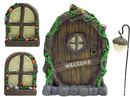 Fairy Door Cabin Set of 4 Garden Ornaments, Gnome Home Window and Door with Fairy Lantern, Miniature Glow in the Dark Mystical Sculptures for Tree Trunk Yard(As Shown)