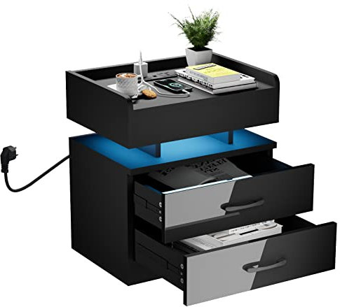 Comodino Con Stazione di Ricarica, Comodini Camera da Letto 16 Colori LED Regolabile, Cassettiera Piccola con Presa e Porta USB Credenza Soggiorno Moderno Moderni Portaoggetti per Casa 52x45x35cm Nero