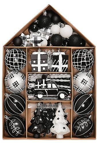 Valery Madelyn Weihnachtskugel-Ornament-Set, 70 Karat, schwarz, weiß, silber, bruchsicher, Boho-Weihnachtsbaumschmuck, verschiedene moderne dekorative hängende Ornamente, Großpackung für Weihnachten,