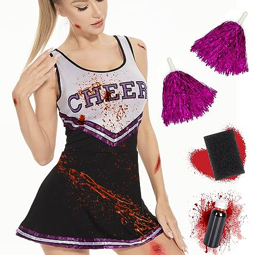 FORMIZON Zombie Cheerleader Kostüm, Horror Cheerleader Zombiekostüm, Cheerleader Kostüm Damen mit Pompoms und Kunstblut, Halloween Kostüm Erwachsene für Mädchen Halloween Carnival Party Cosplay (L)