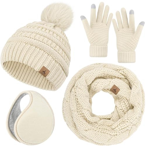 Wintermütze, Schal, Handschuhe und Ohrenwärmer, warme Strickmütze, Touchscreen-Handschuhe, Set, Wintergeschenke, Halstücher für Damen, Beige, 13*10.23 inch